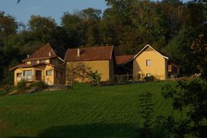una casa en un campo de hierba con árboles en el fondo en La Parenthèse - Gîte de la Sittelle, en Saint-Genix-sur-Guiers