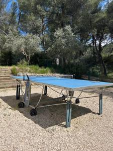 a blue ping pong table sitting on top of gravel at Superbe maison avec jacuzzi in Ventabren