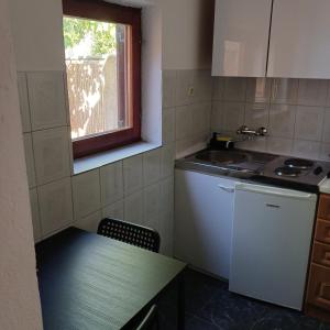 a small kitchen with a sink and a table at Apartments Elena & Damir in Vis