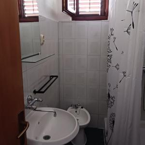 a bathroom with a sink and a toilet and a shower curtain at Apartments Elena & Damir in Vis