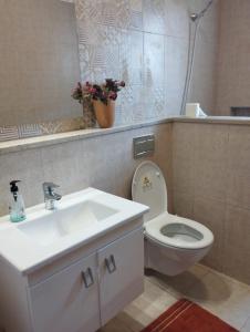 een badkamer met een wastafel en een toilet bij Maison kelibia Ezzahra plage a pied in Ḩammām al Ghazzāz +8 foto's