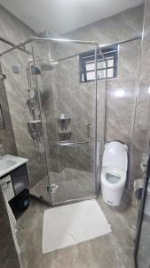 a bathroom with a shower and a toilet at Padmore Residences - B1506 in Nairobi +55 photos