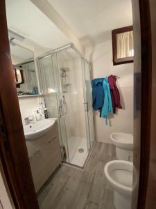 Un baño con ducha, inodoro y lavabo. en FAGR-OTT01T BELLA CASA ad un passo dal mare, en Agrustos