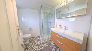 a bathroom with a shower and a sink and a toilet at 2 Bedroom Apartment in Island Paradise in Sandnessjøen +9 photos