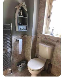 a bathroom with a toilet and a mirror and a window at Spacious 3 bedroomed house with amazing views in Rossacoosane +8 photos