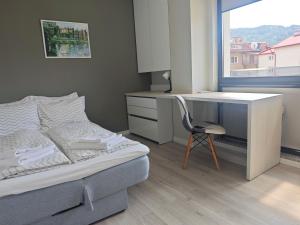 a bedroom with a bed and a desk and a chair at Central, brand new apart with parking in Blagoevgrad