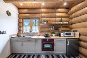 een keuken in een blokhut met een wastafel en een fornuis bij Bándi Kuckó in Bánd