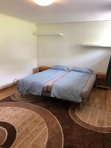a bedroom with two beds and a rug at Hamrebakken overnatting in Kvinesdal