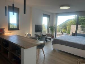 a bedroom with a bed and a living room at MONGOOSE in Herceg-Novi +37 photos
