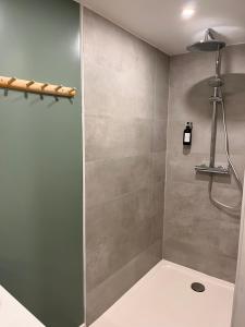 a shower with a glass door in a bathroom at Le Quarante cinq -5 in Laval +14 photos