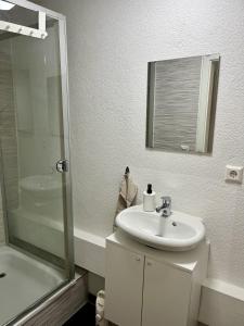 a bathroom with a sink and a shower at Stadtperle Apartment in Neresheim