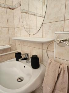 a bathroom with a white sink and a mirror at FAMILLE Apartman in Tapolca