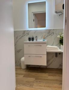 a bathroom with a white sink and a mirror at Apartament Przedzamcze Malbork in Malbork +9 photos
