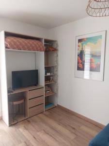a living room with a tv and a book shelf at Charmant studio tout équipé in Les Sorinières