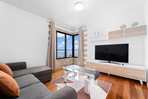 a living room with a couch and a flat screen tv at atlantico view in Caniço