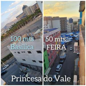 two pictures of a city with the words hits brazilica and miles at Princesa do Vale Hotel in Aparecida +2 photos