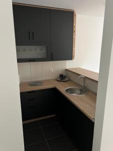 a kitchen with a sink and a microwave at Apartment Ljalja 2 in Mostar