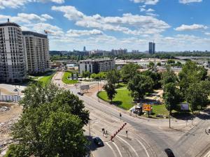 an aerial view of a city with tall buildings at Design Hotel Mr President in Belgrade