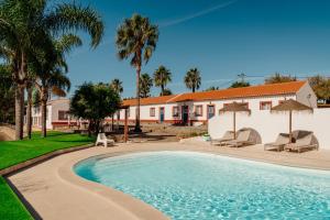a swimming pool in front of a house with palm trees at Herdade do Sardanito da Frente in Zambujeira do Mar