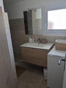 a bathroom with a sink and a mirror at Appartement climatisé toit terrasse à la mer in Saintes-Maries-de-la-Mer +11 photos