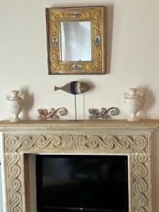 a gold fireplace with a mirror and a fish on it at Casa Sunset Hill Bologna in Bologna +105 photos