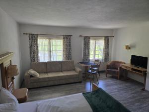 a living room with a couch and a table at FeWo Allgäu Natur Spa in Wiggensbach