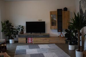 a living room with a flat screen tv on a wooden cabinet at Verlando Blick in Kirchlinteln