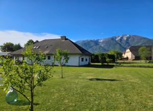 a house in a field with a mountain in the background at Ferienhaus Petzenblick - ganzjährig beheizter und privater Indoorpool in Konovece