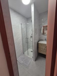 a bathroom with a shower and a sink at Charmant studio avec cour privée in Rochefort