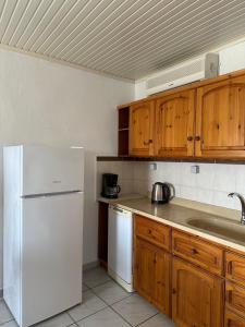 a kitchen with a white refrigerator and wooden cabinets at Penelope House in Skala Kallirachis