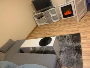 a living room with a couch and a fireplace at Charmante 3-Zimmer Wohnung in Burg bei Magdeburg