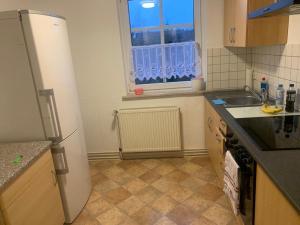 a kitchen with a refrigerator and a sink and a window at Charmante 3-Zimmer Wohnung in Burg bei Magdeburg