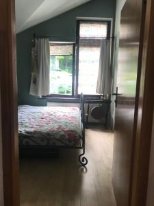 a bedroom with a bed and a window at Apartament z kotem in Bielsko-Biała
