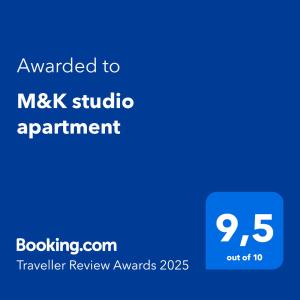 Certifikát, hodnocení, plakát nebo jiný dokument vystavený v ubytování M&K studio apartment