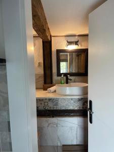 ein Badezimmer mit einem weißen Waschbecken und einem Spiegel in der Unterkunft Rose-Vally Cottage in Borský Svätý Jur + 32 Fotos