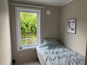 a bedroom with a bed and a window at Moderne hus i sentrum av Lillestrøm in Lillestrøm
