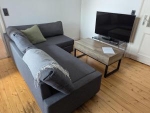 a living room with a couch and a tv at Ferienwohnung Altstadt Lemgo in Lemgo +4 photos