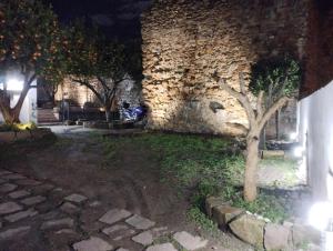 a tree in front of a stone building at night at Casa Vacanza Fuori le Mura in Iglesias