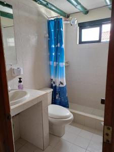 a bathroom with a toilet and a blue shower curtain at Abi Happy in Villa de Leyva