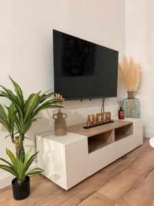 a living room with a tv on a white entertainment center at Appartement 50m2, résidence privée avec piscine, tennis et à 100 m de la plage in Le Lavandou