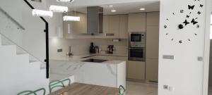 eine weiße Küche mit Vögeln an der Wand in der Unterkunft Casa Mariposa, 3 bedroom villa in Benijofar in Benijófar