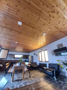 a living room with a wooden ceiling at DA-JO in Lagodekhi