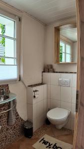 a bathroom with a toilet and a sink at Auszeit & Natur - ländliche Fachwerkhaushälfte in Nümbrecht +14 photos