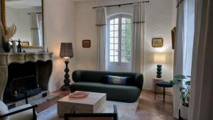 a living room with a green couch and a fireplace at Le Mûrier in Vaison-la-Romaine