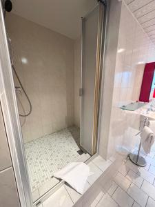 una ducha con puerta de cristal en un baño en Ferienwohnung Haus Seeblick Geltow, en Schwielowsee