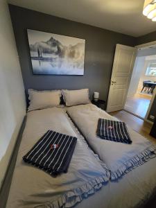 un lit avec deux oreillers dessus dans une chambre dans l'établissement BRUNØST APARTMENT modern apartment close to city center with free parking, à Tromsø
