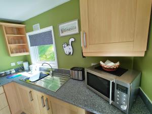 a small kitchen with a sink and a microwave at Crofters Cabin in Caernarfon