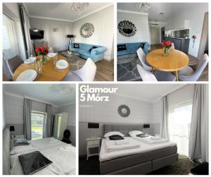 kolaż czterech zdjęć pokoju w obiekcie Apartament Glamour - 5 Mórz - Basen - SPA - Sauna w Sianożętach