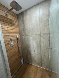a shower in a room with a wooden wall at Harley Quinn Apartment in Poprad