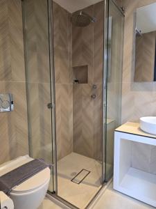 a shower in a bathroom with a toilet and a sink at Hotel Alexandra in Skala